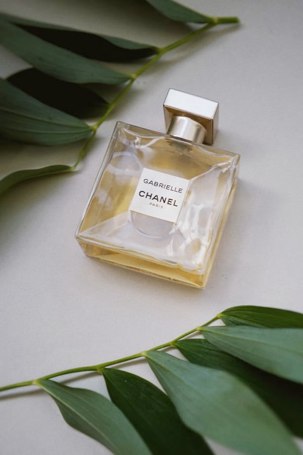 Bottle of Gabrielle Essence Eau De Parfum lying among green leaves